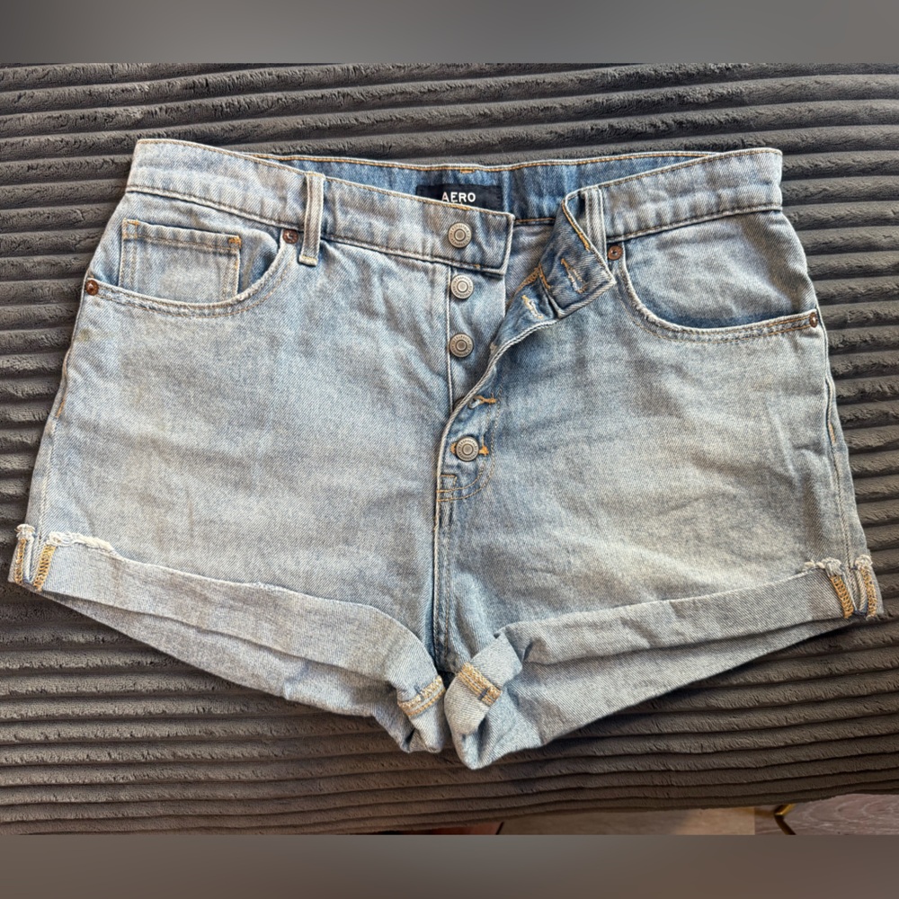 AERO Light Blue High-Waisted button fly Jean Shorts with Cuffed Hem